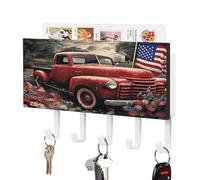 4th of July Porte-clés de camion patriotique vieux rouge à installation facile avec plateau Étagère murale de ferme avec 5 crochets auto-adhésifs pour clés et support de courrier pour entrée