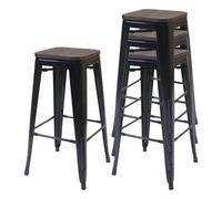 4x tabouret de bar HWC-A73 avec siège en bois, chaise de comptoir, métal, design industriel, empilable noir