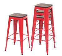 4x Tabouret de bar HWC-A73, avec siège en bois, métal, style industriel rouge