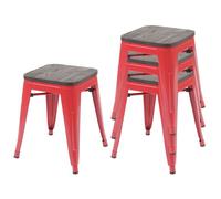 4x Tabouret HWC-A73, avec siège en bois, métal, style industriel, empilable rouge