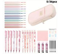 5/36 pièces Ensemble de papeterie mignon, comprend une trousse à crayons mignonne, un surligneur, un stylo gel à encre noire, un porte-mine mignon 0,5 mm, fournitures scolaires pour étudiants, essenti