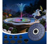 5,5 W Fontaine solaire, fontaine de bain d'oiseaux solaire avec lumières de couleur LED et batterie 2000 mAh, livrée avec 7 buses et support, pompe à eau solaire, décoration de jardin, convient pour l