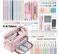 5/6/56 pièces Ensemble de papeterie esthétique, comprend une trousse à crayons mignonne, un surligneur, un stylo gel à encre noire, un porte-mine 0,5 mm, fournitures de papeterie pour étudiants, essen