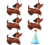 5 Ballons Teckel Métallisés 64 x 63 cm avec Chapeau de Fête | Ensemble 6 pièces avec 5 ballons chien marron et 1 chapeau pour anniversaire d'animal, photobooth et fête
