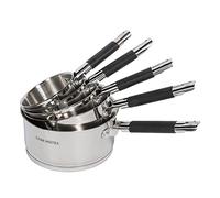 5 casseroles inox induction | Inox 18/8, 5 tailles, fond capsulé, poignées silicone, cuves graduées, bec verseur, empilables, induction et four 230°C
