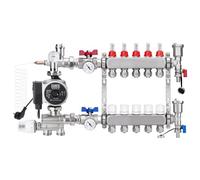 [5 circuits de chauffage] Répartiteur de circuit de chauffage en acier inoxydable, kit de régulation de valeur fixe avec pompe à haute efficacité et cône euro 3/4 (16 x 2 mm), kit de purge et robinets