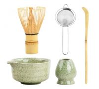 5 in 1 Ensemble de Thé Matcha Japonais avec Fouet à Matcha en Bambou, Porte-fouet, Bol à Matcha, Cuillère à Matcha Service à Thé Matcha Céramique Matcha Kit pour Cérémonie Matcha (Vert foncé)
