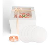 5 Pièces Boite a Gateau, avec Fenêtre et 5 Planches Rondes, 25x25cm Boite Gateau en Carton, Boite Layer Cake avec Ruban, Blanc Boite Transport Gateau Carrée avec Couvercles