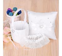 5 pièces/ensemble Mariage Livraison double cœur en satin panier de fleurs pour fille + 7 * pouces porte-bague coussin livre d'or porte-stylo jarretière de mariée ensemble blanc