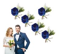 5 pièces épingle à boutonnière de mariage, boutonnière d'eucalyptus pour hommes de mariage avec épingles en plastique corsage de fleurs artificielles pour la mariée et le marié (Bleu)