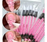 5 pièces Pinceau de sculpture en silicone à double tête avec strass rose pour l'art des ongles, pinceau de sculpture florale 3D, stylo de pointage pour l'art des ongles DIY avec lime à ongles et bande