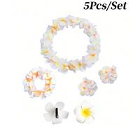 5 pièces/set Bandeau à fleurs hawaïennes, bracelet, collier, chouchou, couronne de fleurs, accessoires de costume hawaïen tropical pour fête d'été à la plage ou à la piscine bleu,rose,Violet,Blanc,ver