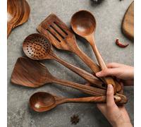 5 pièces Set d'ustensiles de cuisine en bois, comprenant une spatule de wok, des ustensiles de cuisine en bois naturel, une cuillère à fente, une louche, une spatule en bois, un set de vaisselle, une