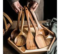 5 pièces Set d'ustensiles de cuisine en bois naturel, comprenant une louche à soupe et une spatule pour wok, convient pour les ustensiles de cuisine antiadhésifs Taille Uniquebois
