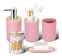 5 pièces/set Simple set de salle de bain rose avec distributeur de savon liquide et lotion, gobelet de rinçage, porte-brosse à dents et porte-savon. Décoration de salle de bain, décoration d'automne,