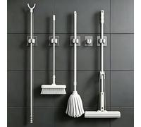 5 supports de balai et serpillères sans perçage - Fixation murale adhésive durable pour organiser les salles de bains et les zones utilitaires - Crochets utilitaires gris