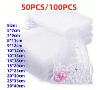 50/100 pièces Sacs cadeaux en organza blanc, sacs à bonbons pour la vaisselle, sacs de faveurs de mariage, fournitures pour la maison Halloween et Noël, sacs d'emballage 10 pièces,Blanc-50PCS,Blanc-10