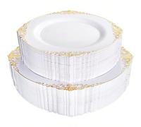 50/25/20/12pcs Ensemble de vaisselle en plastique doré, Assiettes à dîner de 10,25 pouces/Assiettes latérales de 7,5 pouces, Assiettes blanches avec motif de dragon embossé doré, Assiettes de fête lav