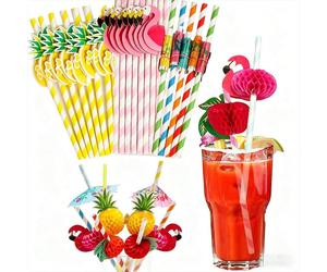 50/30/20/10 pièces Pailles en papier à thème flamant rose et fruits, pailles de fête, pailles en papier rayées mignonnes de dessin animé, pailles décoratives, pailles en papier à fruits tropicaux en n