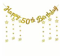 50 Ans Guirlande Anniversaire, Joyeux Anniversaire Banderole Dorée | 1 Banderole “Happy 50th Birthday” avec 3m Guirlande Étoiles, Decoration Anniversaire 50 ans pour Fête D'anniversaire
