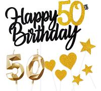 50 Ans Noir Or Decoration Gateau Anniversaire 9 Pcs,Double Glitter Happy 50th Birthday Cake Topper Deco avec,50 Ans Bougies,Star Heart Cupcake,Décoration de Gâteau pour Femmes/Homme