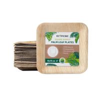 50 assiettes carrées 15x15 cm en feuille de palmier - jetables, biodégradables et compostables - usage festif ou pro