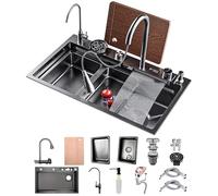 50 Cm De Large Evier De Cuisine Cascade Ensemble, Evier Multifonction Inoxydable Avec Robinet, Évier Affichage Numérique, Evier De Cuisine Nano Raindance Noir 1 Bac(Black-Grey A,85x50cm)