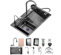 50 Cm De Large Evier De Cuisine Cascade Ensemble, Evier Multifonction Inoxydable Avec Robinet, Évier Affichage Numérique, Evier De Cuisine Nano Raindance Noir 1 Bac(Black-Grey B,70x50cm)