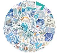 50 Été Mer Autocollants, Bleu Animaux des Fonds Marins Stickers, Autocollant étoile de Mer Hippocampe Méduse pour Enfants Ados Adultes Portables Thermos Skateboard Réutilisable Décoration DIY