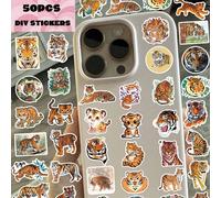 50 pièces, Autocollants de téléphone portable tigre, matériau PVC, chacun mesure entre 3 et 7 centimètres, autocollant au design créatif et esthétique, convient pour les coques de téléphone portable, 