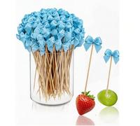 50 pièces Brochettes en bambou avec nœud bleu, piques en bambou élégants avec nœud, convient pour les amuse-gueules, les boissons, les anniversaires, les enterrements de vie de garçon, les baby shower