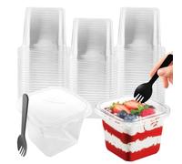 50 Pièces Gobelets à Dessert en Plastique avec Couvercles, 380ml Verrine Plastique Réutilisable, Coupes à Dessert Carrées avec Fourchettes pour desserts de famille, Pudding Mousse Party