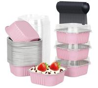 50 Pièces Mini Moules à Gâteaux avec Couvercles et Cuillères, 150ml Plats Cuisson Carrés Papier D'aluminium Petites (Argent Rose)