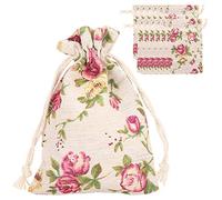 50 pièces sac de toile de jute motif fleur à cordon 14x9.5 cm/5.5x3.7 pouces Mini pochette à bijoux légère pour mariage fête naissance et bricolage artisanat