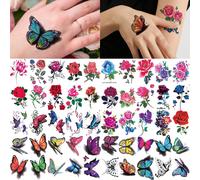 50 pièces Tatouages temporaires pour femmes et filles, autocollants de tatouage temporaire 3D imperméables de fleur et de papillon, autocollants de tatouage de maquillage de décoration de manchette d'