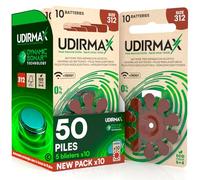 50 Piles Auditives Marron Taille 312 Udirmax PR41 Zinc-Air Eco Pack - 5 Blisters Écologiques de 10 Piles