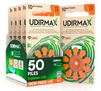 50 Piles Auditives PR48 Taille 13 (Orange) Udirmax Zinc-Air 0% Mercure 1,45V Eco Pack - 5 Blisters Écologiques de 10 Piles
