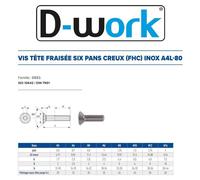 500 Vis Métaux Tête Fraisée 6 Pans Creux FHC 3 x 16 mm - DIN 7991 - Inox A4L80 - D-Work