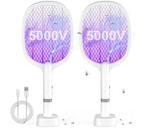 5000V Lot de 2 tapettes à Mouches électriques, Raquette Electrique Insectes 5000V, 1800 mAh Raquette Moustique Electrique Raquette Anti Moustique Electrique UV Exterminator avec Base de Recharge