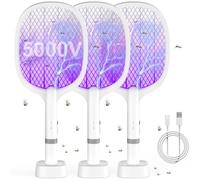 5000V Lot de 2 tapettes à Mouches électriques, Raquette Electrique Insectes 5000V, 1800 mAh Raquette Moustique Electrique Raquette Anti Moustique Electrique UV Exterminator avec Base de Recharge