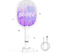 5000V Raquette Electrique Insectes, 2000 mAh Raquette Moustique Electrique Raquette Anti Moustique Electrique UV Exterminator avec Base de Recharge, Efficace pour Intérieur Extérieur