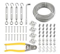 50m Cable Acier 2mm, Fil a Linge Extérieur, 67 Pcs Kit Cable Inox 7x7 PVC Gainé avec 4 Tendeur, 20 Boucles Sertissage, 10 Cosses Cable, 10 Serre Câbles Acier, 4 Crochets Muraux