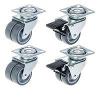 50mm 2" twin wheel castor grey rubber swivel & brake 280kg capacity, set of 4