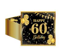 50PCS Serviettes de 60ème Anniversaire, 33 x 33 cm Serviettes de Cocktail Noires et Dorées Serviettes de Fête pour Hommes Femmes Fournitures pour Décoration d'Anniversaire de Mariage