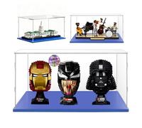 50x20x25 Vitrine pour 3 Pièces Lego Casque,21334 75356 60445 10274 10367 | pour Star Wars Casque,F1 Casque,Ghostbuster,Seigneur des Anneaux,Camion,Transparent,Antipoussière,Facile Installer,Base Bleue