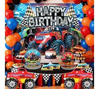 51 pièces décoration fête anniversaire monster truck accessoires toile fond assiettes serviettes ballons pour 10 invités