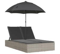 (52441)Bains de soleil/transat CHIC,Chaise longue double avec coussins et parasol gris clair rotin FR