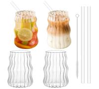530ml Verres à Bulles Avec Paille - Set de 4 Résistants au Froid et à la Chaleur Striés, Wave Tumbler Pour Latte Macchiato, Café Glacé, Whisky, Cocktails, Yaourt, Soda