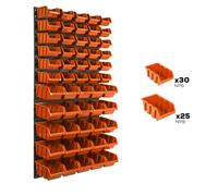 Panneau d'outils mural 58 x 117 cm avec 55 pcs. Boîte à suspendre Boîtes en plastique orange et noir