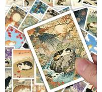 56 pièces Autocollants de chat de style japonais Ukiyo-E, Autocollants artistiques de paysage de chat japonais vintage des quatre saisons pour décoration de planificateur, Autocollants de rentrée scol